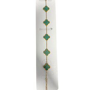 Gold Plated Stainless Steel Clover Bracelet With Green Enamel Accents